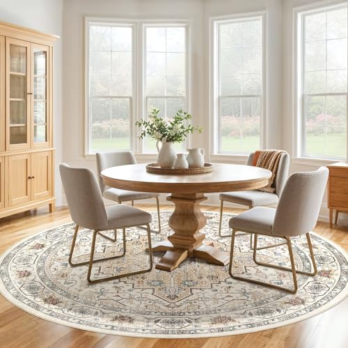 Round Rug Living Room Rugs: 8Ft Washable Boho Neutral Large Circle Soft Indoor Floral Stain Resistant Floor Farmhouse Carpet for Bedroom Nursery Kids Playroom Office Dining Room Dorm Home- Cream Blue