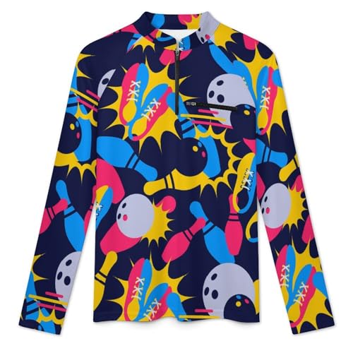 Multicolor Bowling Ball Pins Shoes Men's Rash Guard Long Sleeves Quick Dry Fishing Workout Shirts with Zipper3