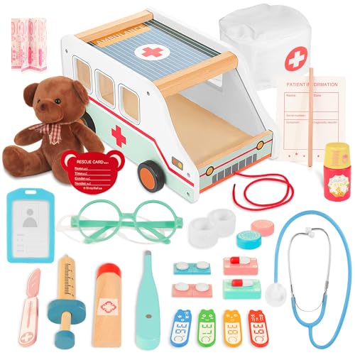 Lawcephun Wooden Doctor Kit for Kids, 37pcs Pretend Play Medical Kit with Ambulance Toy & Plush Bear, Imagination Doctor Role Play Set for Boys Girls Age 3 4 5 6 7