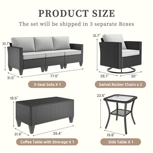 Image of UDPATIO Patio Furniture Set, 5 Pieces Outdoor Conversation Sets with Rocking Swivel Chairs, Wicker Rattan Outdoor Sofa Set with Storage Table and Waterproof Covers for Backyard, Deck, Light Grey