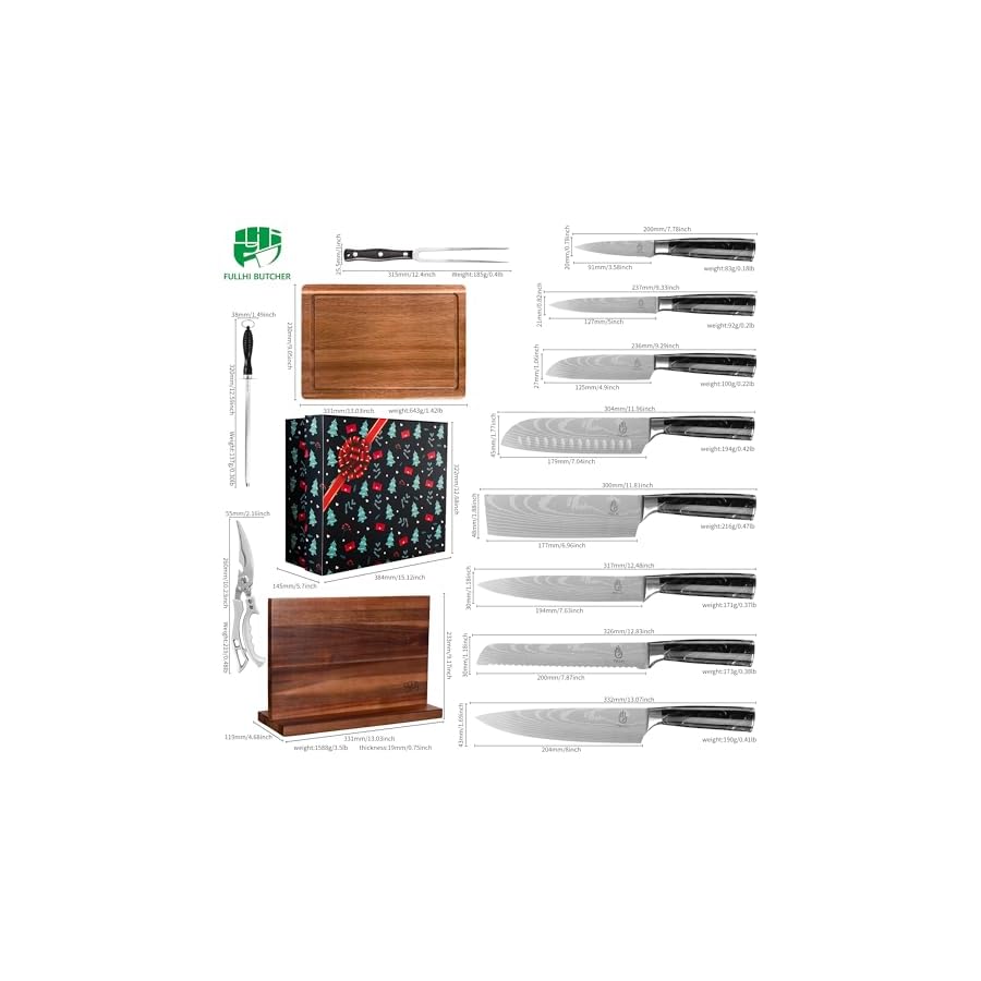 FULLHI-13pcs-gift-box-Knife-Set-with-Magnetic-Knife-Block-HolderCutting-Boardskitchen-Scissorsturkey-forksharpening-rodKitchen-Knife-Set-First-choice-for-gift-giving-Black-Resin FULLHI 13pcs gift box Knife Set with Magnetic Knife Block Holder,Cutting Boards,kitchen Scissors,turkey fork&sharpening rod,Kitchen Knife Set First choice for gift giving (Black Resin)