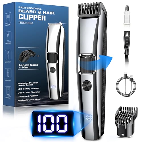 Beard Trimmer Men, Electric Shavers with 1-10 mm Zoom Wheel, Cordless Hair Clippers with Battery Indicator, Electric Razor USB Rechargeable, All-in-one Kit for Face & Body Grooming, Silver