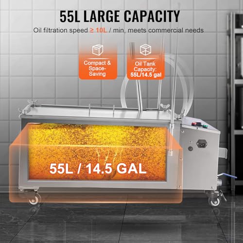 Image of VEVOR Mobile Fryer Filter, 300W Oil Filtration System with 5 L /min Flow Rate, Frying Oil Filtering System with 10 L /min Pump Wheels Oil Hose, 110V /60Hz (58L)