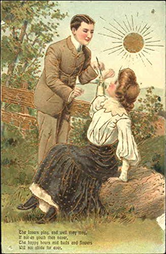Man giving woman flower Couples Original Antique Postcard 1907 at