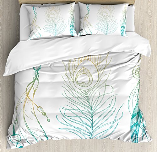 Ambesonne Peacock Duvet Cover Set, Aesthetic First Nations Feather and Peacock Tail Traditional Design Print, Decorative 3 Piece Bedding Set with 2 Pillow Shams, Queen Size, Mint Yellow