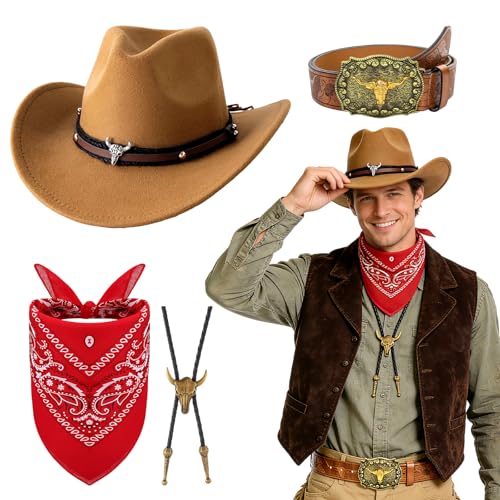 Beamely Cowboy Kostüm Zubehör Set 4-teiliges Western Outfit Kit mit Braunem Hut Paisley Bandana Gürtel Bolo Halskette für Herren Cosplay Party (Khaki)