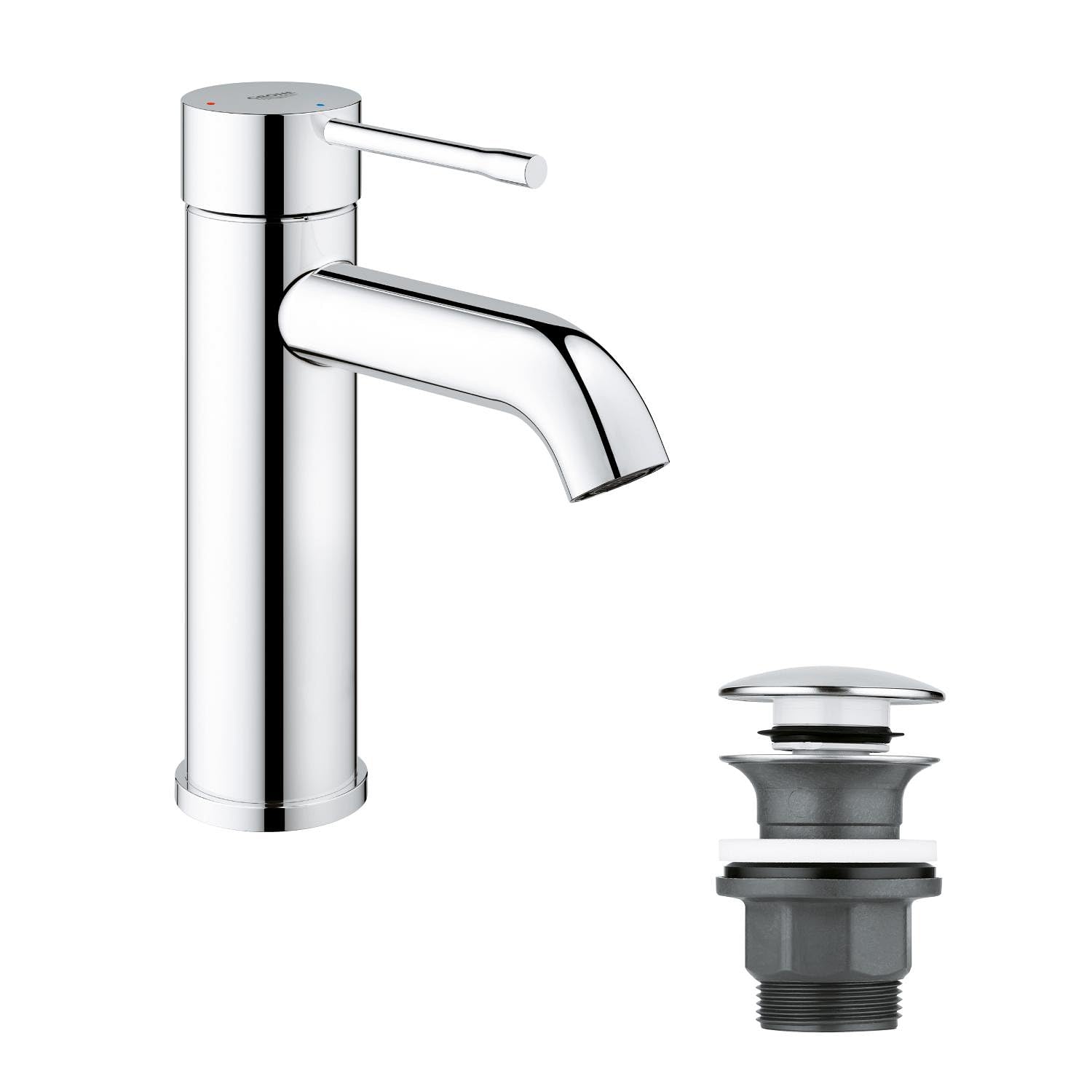 GROHE Essence Robinet lavabo de salle de bains, Taille M, Mitigeur monocommande (Sans tirette de vidage, Vidage clic clac inclus, installation rapide), chromé, 23797001 (Import Allemagne)