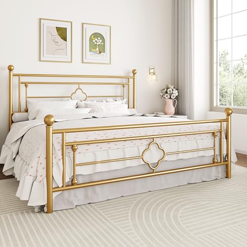 Image of SHA CERLIN 14 Inches King Size Metal Platform Bed Frame /Vintage Iron-Art Headboard and Footboard /Mattress Foundation for Storage /No Box Spring Needed /Noise-Free /Easy Assembly /Gold