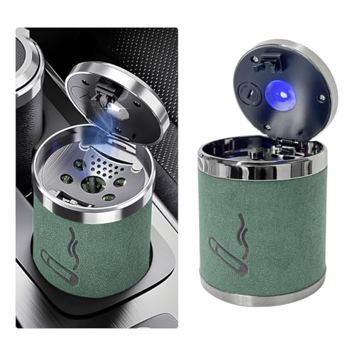Image of Wevdn Car Ashtray with Lid, Detachable & Portable Stainless Steel Smokeless Ashtrays for Car, Mini Universal Smell Proof Windproof Car Ashtray with LED Blue Light (Green-Plush Surface)