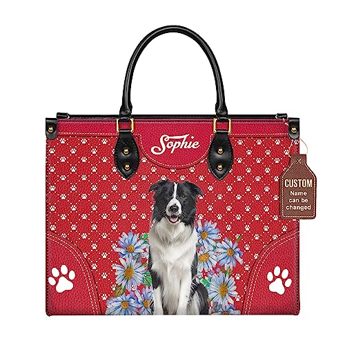 Personalized Border Collie Dog Handbags, Custom Name Dog Leather Bags, Purses, Shoulder Bag, Gift For Dog Mom Dog Lover Red