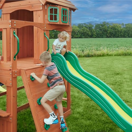 Backyard Discovery Atlantis Cedar Wood Swing Set with Wave Slide, Raised Clubhouse, Rock Wall, Belt Swings, Trapeze, Balcony, Lower Play Space, Snack Bar, Sandbox Area, Step Ladder, Outdoor Playset - image 5