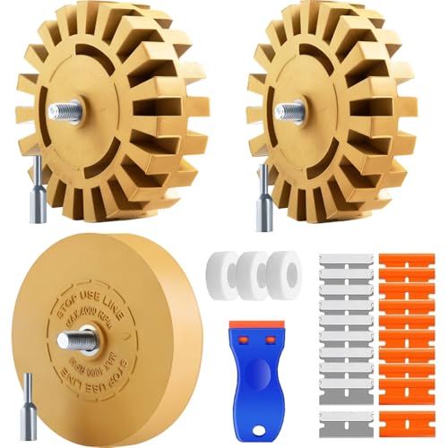 Eraser Wheel Adhesive Remover Kit for Drill – 3 Size Rubber Decal Removal Wheels with Plastic & Metal Scrapers for Car Vinyl, Pinstripes, Stickers, Glue Residue, Auto Detailing Tools