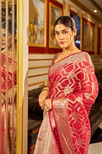 Image of SWORNOF Women's kanjivaram banarasi silk saree Zari Woven for festival Wedding silk with rich pallu Design sarees for women with Unstitched blouse piece