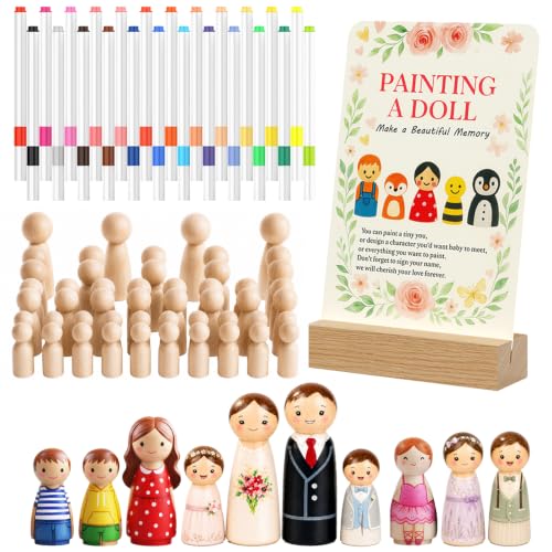 Fun Baby Shower Games Painting Kit 50 PCS DIY Wooden Blank Dolls for Coloring Baby Shower Activities with 24 Acrylic Marker Pens