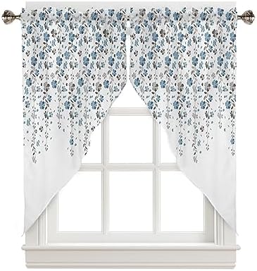 Floral Swag Valance Curtains Flower Blue Grey Cherry Blossoms White Background Rod Pocket Kitchen Curtains Scalloped Window Treatment Valances Swag Curtains for Living Room, 1 Pair, 36″W x 36″L