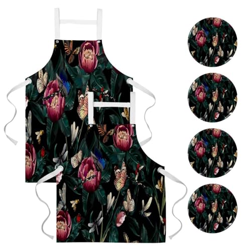 Lot de 2 tabliers de cuisine et serveuse avec 4 broches d'insectes