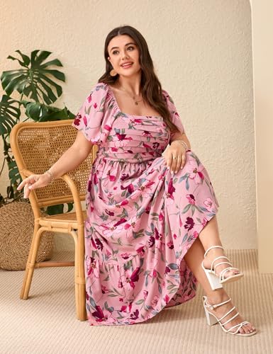 Image of ShopWonder Women Plus Size Dress Short Sleeve Square Neck Floral Maxi Pleated Ruffle A Line Long Dress