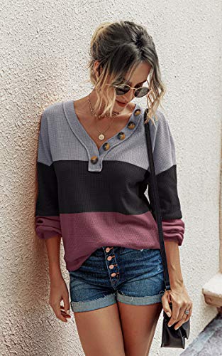 CinShein Women's Waffle Long Sleeve T Shirt V Neck Tunic Tops Knit Button Up Casual Fall Loose Blouse Shirts Pullover X-Large Black