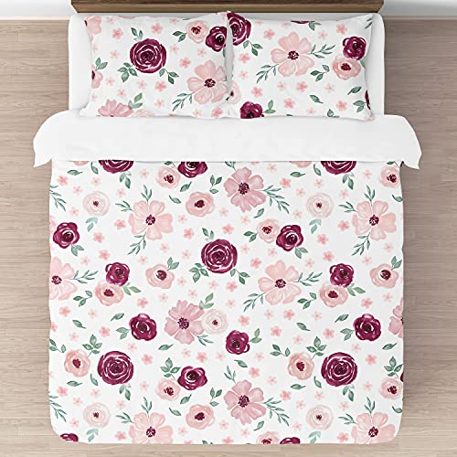 Image of Sweet Jojo Designs Burgundy Watercolor Floral Girl Full /Queen Bedding Set Kids Comforter Childrens Size - 3 Pieces - Blush Pink, Maroon, Wine, Rose, Green and White Shabby Chic Flower Farmhouse