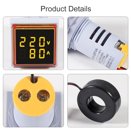 Image of 2pcs AC 60-500V 0-100A Digital Ammeter Voltmeter, 22mm Square LED Dual Display Voltage Gauge with Transformer, 110v 220v Voltage Tester Current Meter (Yellow)