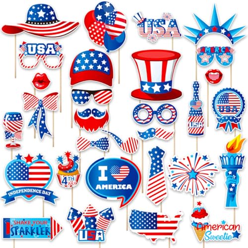 Independence Day Photo Booth Props with Sticks 4th of July Photo Booth Props Patriotic Party Decorations (25CT)