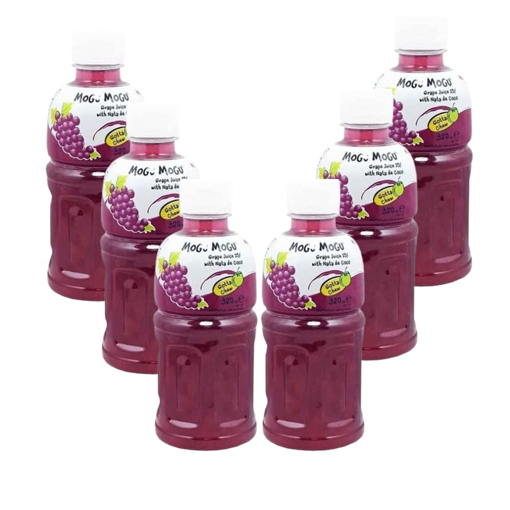 Mogu Mogu Varied Flavored Drinks - Nata De Coco Juice - Jelly Texture - Refreshing Taste - Fun Drinking During Hot Summers Or Take Them on Trip & Picnics (Grape 320ML, Pack of 6)