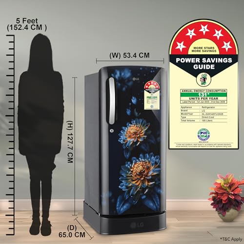 Image of LG 185 L, 5 Star, Direct-Cool, Smart Inverter Compressor, Single Door Refrigerator with Fast Ice Making (GL-D201AEFU, Ebony Florance, Runs on Home Inverter, Moist 'N' Fresh & Base stand with drawer)