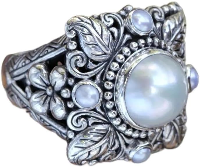 925 Sterling Silver Luxury Imitation Pearl Ring Natural Freshwater White Pearl Vintage Tree Leaf Flower Surrounding Ring CZ Wedding and Engagement Ring Jewelry-Making-Patterns Size 9