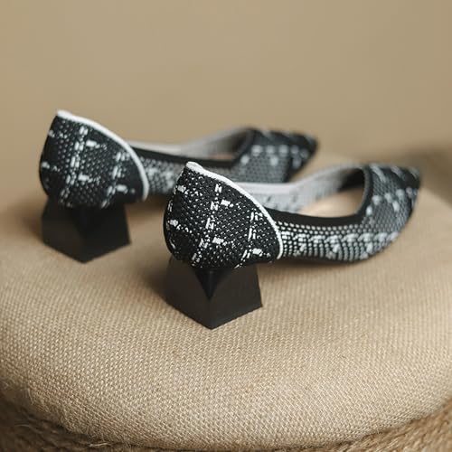 SWDZM Chunky Heels for Women Knit Ballet Shoes Pointed Toe Low Heel Mesh Comfortable Block Pumps Dress Shoes4