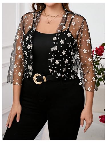 GORGLITTER Women's Plus Size 3/4 Sleeve Sheer Mesh Shrugs Bolero Floral Summer Lightweight Dress Cardigans Trendy3