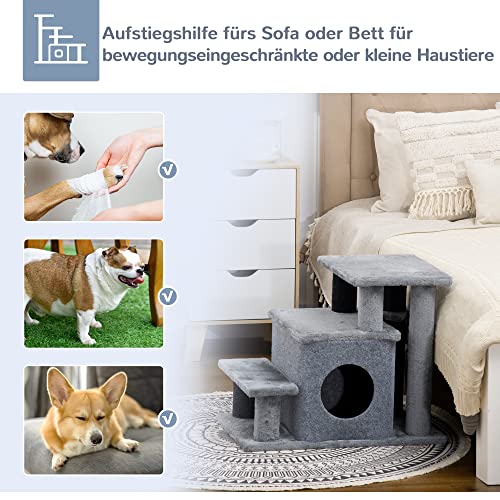 PawHut Hundetreppe 3/4 Stufen 66 cm Hoch Haustiertreppe mit Schlafhöhle, Rampe, Sipielball, Katzentreppe für mittelgroße Katze Hunderampe Einstiegshilfe für Bett, Sofa, Couch, Grau