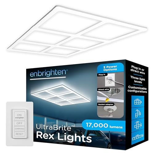 Enbrighten Ultrabrite Garage Lights, 17 Pack, 6 Rex, LED Gym Lighting, 17,000 Lumens, Dimmable with Remote, 5000K Bright White, Plug‑in or Hardwire, Hex Style, ETL Certified, 87130