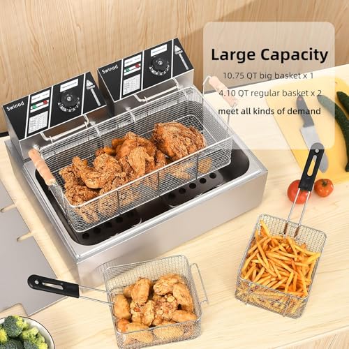 Commercial Deep Fryer with Basket for Restaurant or Home Use, 3400W 12.7QT Detachable Large Capacity Stainless Steel Countertop Electric Oil Fryer with Temperature Control - Image 4