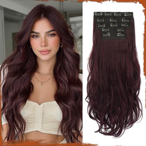 Sofeiyan Clip in Hair Extensions Burgundy Hair Extensions 20 Inch Long Loose Wavy Clip in for Women 5PCs Invisible Lace Weft Thick Soft Natural Synthetic Dark Red Clip in Extensions Hairpieces