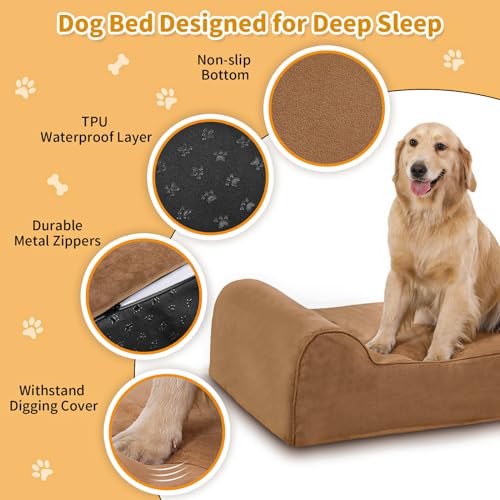 Image of Rainmr Orthopedic Dog Beds for Large Dogs, 7 inch Memory Foam Dog Beds with Waterproof Liner, Durable Microsuede Cover, Removable and Washable, Nonskid Bottom, 60 inchx48 inchx7 inch XXL Khaki