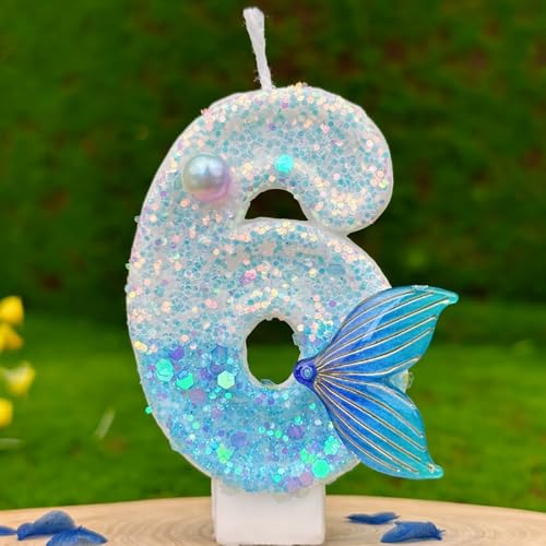 Velas numéricas com tema sereia com brilho, número 6 velas de aniversário de cauda de sereia azuis metalizadas e prateadas Topper com números para bolos de aniversário e Cupcakes (adultos/crianças)