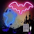 PhantasyStar Neon Lights for Bedroom, 2 Pack Halloween Bat, Ghost Shape LED Neon Decorative Light Night Lights, Indoor Neon Sign Decor for Home, Birthday, Party, Halloween, Christmas