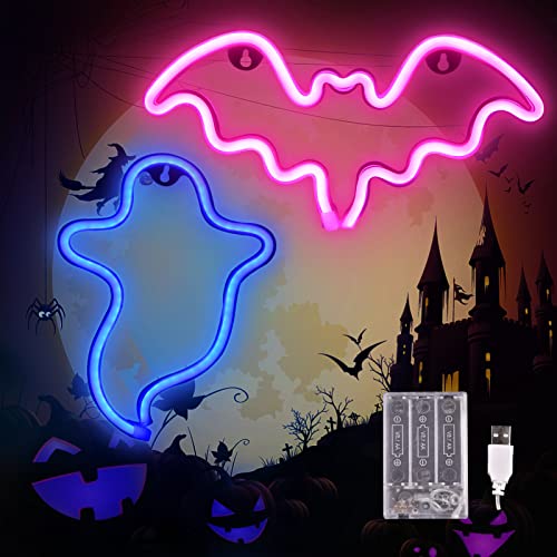 PhantasyStar Neon Lights for Bedroom, 2 Pack Halloween Bat, Ghost Shape LED Neon Decorative Light Night Lights, Indoor Neon Sign Decor for Home, Birthday, Party, Halloween, Christmas