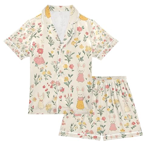 Floral Bunny Satin Summer Pajama Sets Silk Short Sleeve Button Down Sleepwear