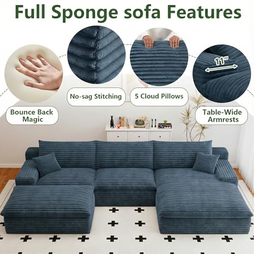 Image of 107 inch Cloud Couch Modular Sectional Sofa for Living Room, U-Shape Boneless Couch with Deep Seat, Modern Corduroy 3-Seater with Ottoman, No Assembly Required (Blue,Right-Facing Chaise)