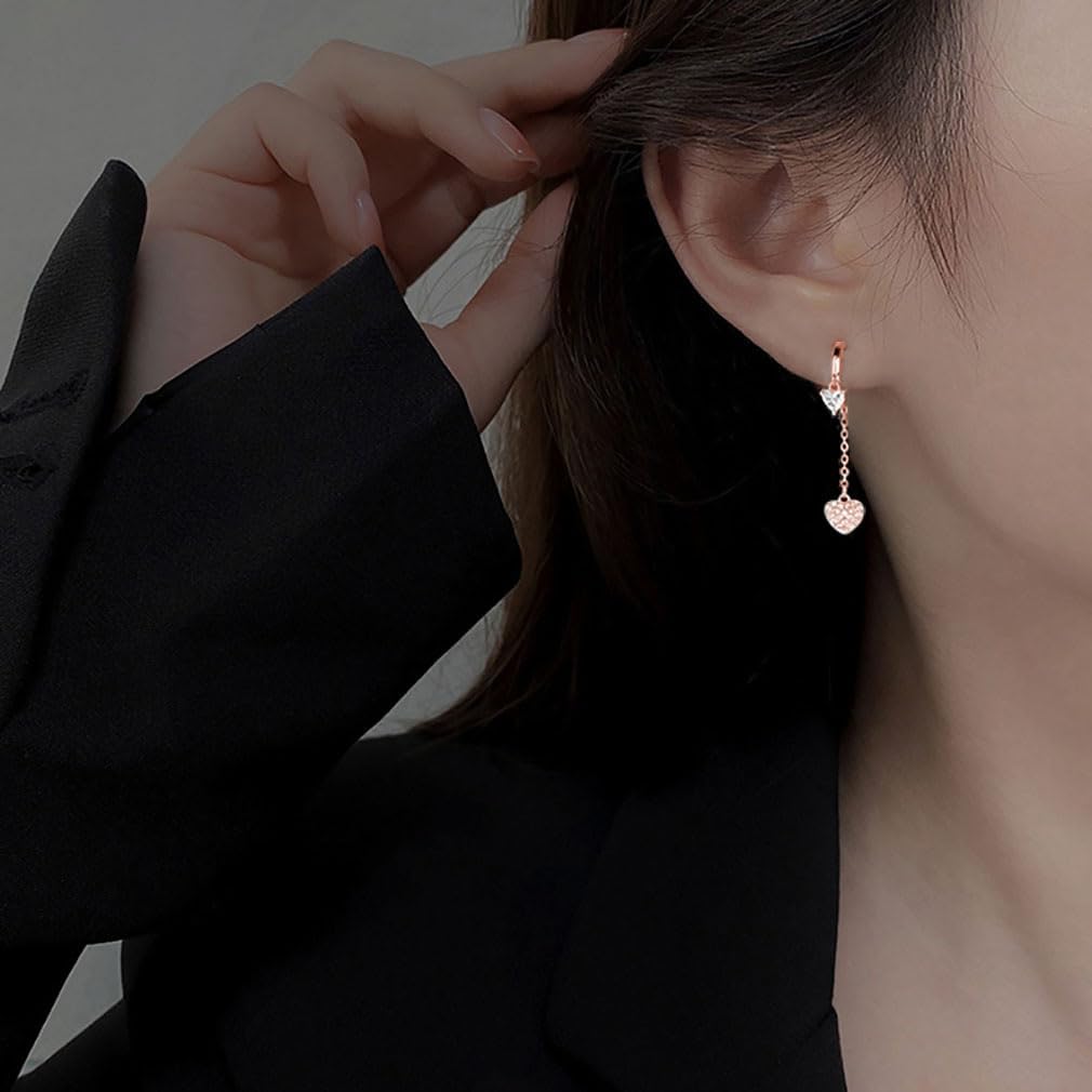 SLUYNZ Sterling Silver CZ Love Heart Hoop Earrings for Women Teens Heart Hoop Earrings Dangle Chain Love Dangle Earrings for Valentines Day - Image 3