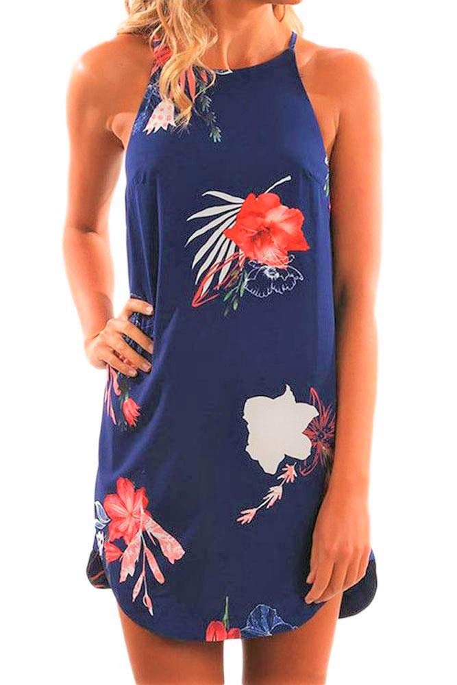 Fronage Women's Casual Sleeveless Floral Mini Dress Summer Beach Halter Neck Dresses