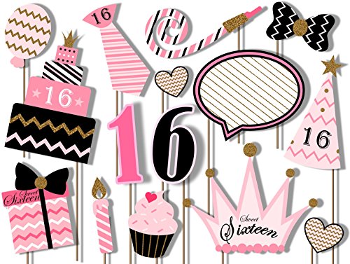 Sweet 16 Birthday Elegant Pink and Gold Photo Booth Props Kit - 20 Pack Party Camera Props Fully Assembled Sweet 16 Birthday Elegant Pink and Gold Photo Booth Props Kit - 20 Pack Party Camera Props Fully Assembled