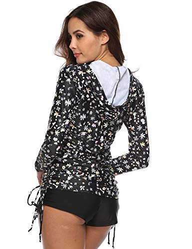 Women's Long Sleeve Half-Zip Sun Protection Hooded Rashguard Side Adjustable Swim Shirt F30-Xl Ca109 #TOP4