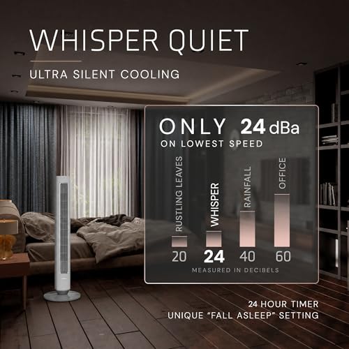 Image of Lasko Pinnacle 40 inch DC Tower Fan for Bedroom, Living Room, Home Office - 32 ft /s Airflow, 50 ft Distance, 90 Oscillation - AirSense, 12 Speeds, Night Light - Quiet 24 dBA - Remote, Gray