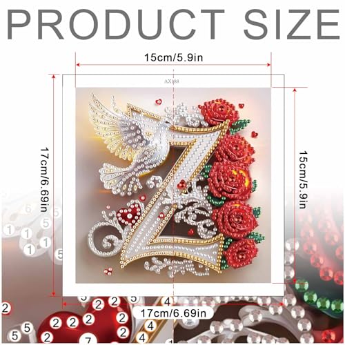 Image of AiYuanzsh 5D Diamond Art Kits for Adults Letter Z, Zesty Rose & Dove Alphabet Special Shape Diamond Painting, Luxury Diamond Art Craft for Home Decor and Valentine's Day Gift 17x17cm