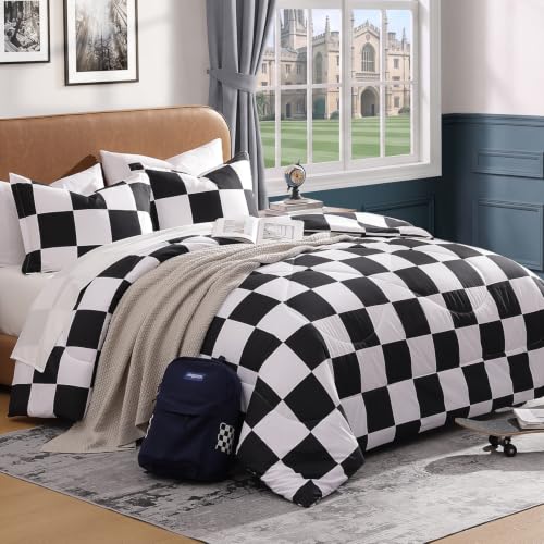 Image of Andency Checkered Comforter Queen(90x90Inch), Black White Plaid Gingham Bed Set for Teen Boys Kids, Lightweight Polyester Geometric Preppy Bedding, 3 Pieces