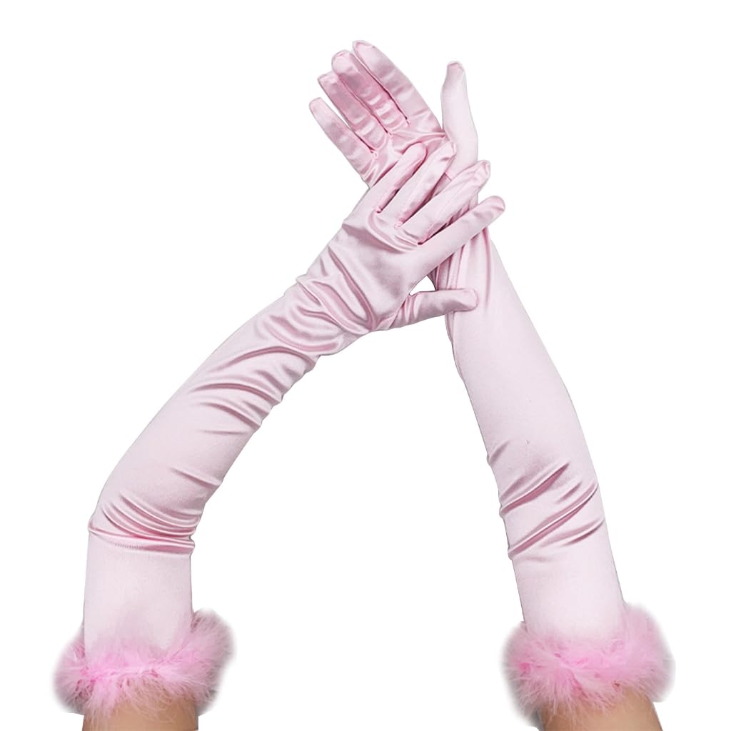 FUXIU Long Sleeve Show Gloves with Feather Cuffs for Women Gloves 1920s Flapper Stretchy Elbow Length Easter Glove