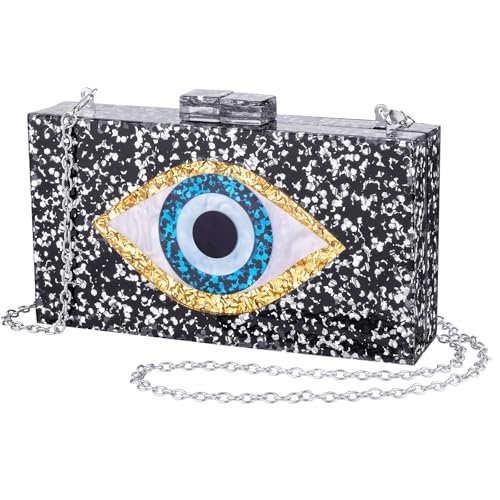 QTKJ Clutch Purses for Women, Acrylic Blue Evil Eye Evening Bag, Crossbody Bag for Wedding Party(Black Sequins)
