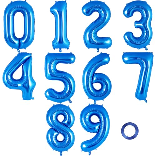 16 Inch Number 0-9 balloons Blue Number Foil Balloons Small Mylar Numbers Balloon Custom Digital Balloons for Birthday Aniversary Baby Shower Party Decorations Supplies